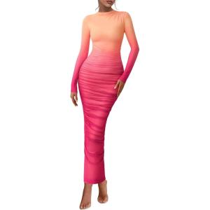 imagePRETTYGARDEN Womens Long Sleeve Maxi Dresses 2026 Spring Ruched Bodycon Floral Mesh Formal Wedding Guest Cocktail Party DressGradient Bean Paste