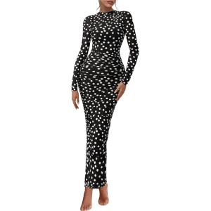 imagePRETTYGARDEN Womens Long Sleeve Maxi Dresses 2026 Spring Ruched Bodycon Floral Mesh Formal Wedding Guest Cocktail Party DressPolka Dot Black