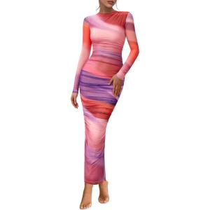 imagePRETTYGARDEN Womens Long Sleeve Maxi Dresses 2026 Spring Ruched Bodycon Floral Mesh Formal Wedding Guest Cocktail Party DressRainbow Print