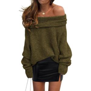 imagePRETTYGARDEN Womens Off The Shoulder Sweater Long Sleeve Tops 2026 Fall Loose Knit Pullover Sweaters Winter ClothesArmy Green