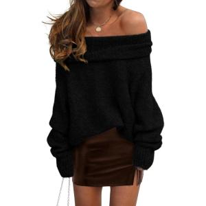 imagePRETTYGARDEN Womens Off The Shoulder Sweater Long Sleeve Tops 2026 Fall Loose Knit Pullover Sweaters Winter ClothesBlack