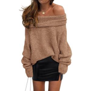imagePRETTYGARDEN Womens Off The Shoulder Sweater Long Sleeve Tops 2026 Fall Loose Knit Pullover Sweaters Winter ClothesCamel
