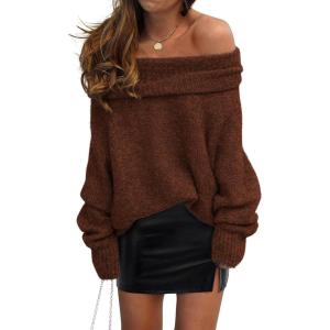 imagePRETTYGARDEN Womens Off The Shoulder Sweater Long Sleeve Tops 2026 Fall Loose Knit Pullover Sweaters Winter ClothesCoffee