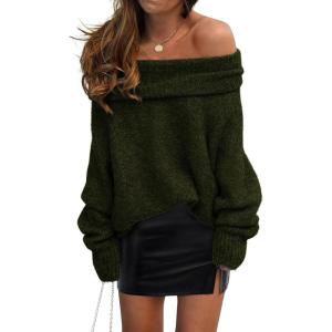 imagePRETTYGARDEN Womens Off The Shoulder Sweater Long Sleeve Tops 2026 Fall Loose Knit Pullover Sweaters Winter ClothesDark Army Green