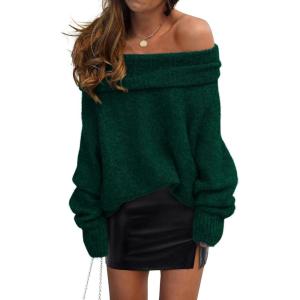 imagePRETTYGARDEN Womens Off The Shoulder Sweater Long Sleeve Tops 2026 Fall Loose Knit Pullover Sweaters Winter ClothesDark Green