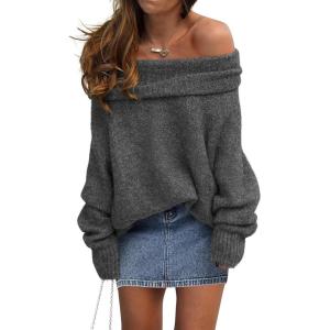 imagePRETTYGARDEN Womens Off The Shoulder Sweater Long Sleeve Tops 2026 Fall Loose Knit Pullover Sweaters Winter ClothesDark Grey
