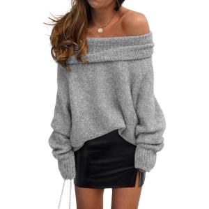 imagePRETTYGARDEN Womens Off The Shoulder Sweater Long Sleeve Tops 2026 Fall Loose Knit Pullover Sweaters Winter ClothesGrey