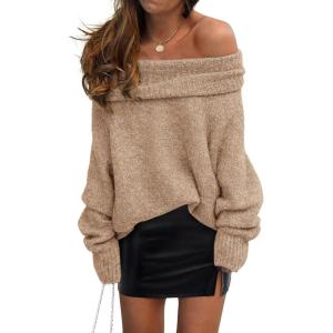 imagePRETTYGARDEN Womens Off The Shoulder Sweater Long Sleeve Tops 2026 Fall Loose Knit Pullover Sweaters Winter ClothesKhaki