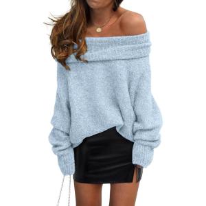 imagePRETTYGARDEN Womens Off The Shoulder Sweater Long Sleeve Tops 2026 Fall Loose Knit Pullover Sweaters Winter ClothesLight Blue