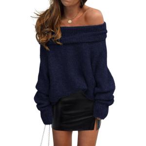 imagePRETTYGARDEN Womens Off The Shoulder Sweater Long Sleeve Tops 2026 Fall Loose Knit Pullover Sweaters Winter ClothesNavy