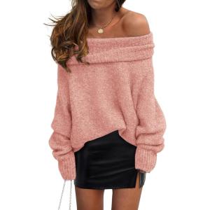 imagePRETTYGARDEN Womens Off The Shoulder Sweater Long Sleeve Tops 2026 Fall Loose Knit Pullover Sweaters Winter ClothesPink