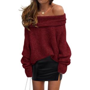 imagePRETTYGARDEN Womens Off The Shoulder Sweater Long Sleeve Tops 2026 Fall Loose Knit Pullover Sweaters Winter ClothesWine Red