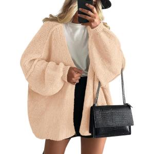 imagePRETTYGARDEN Womens Oversized Cardigan Sweaters 2026 Fall Long Lantern Sleeve Knit Open Front Lightweight SweaterApricot