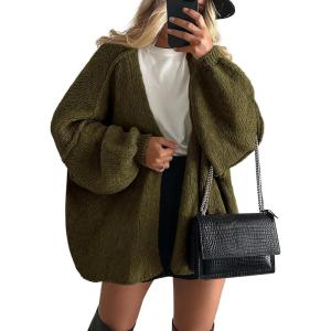 imagePRETTYGARDEN Womens Oversized Cardigan Sweaters 2026 Fall Long Lantern Sleeve Knit Open Front Lightweight SweaterArmy Green