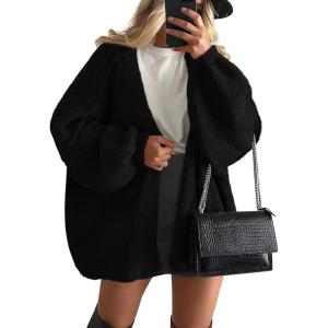 imagePRETTYGARDEN Womens Oversized Cardigan Sweaters 2026 Fall Long Lantern Sleeve Knit Open Front Lightweight SweaterBlack