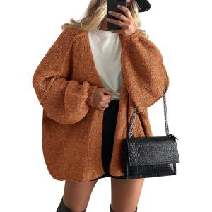 imagePRETTYGARDEN Womens Oversized Cardigan Sweaters 2026 Fall Long Lantern Sleeve Knit Open Front Lightweight SweaterBrick Red