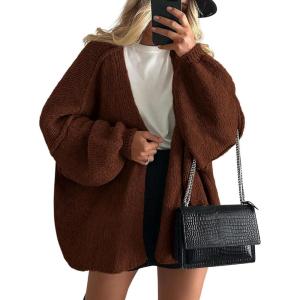 imagePRETTYGARDEN Womens Oversized Cardigan Sweaters 2026 Fall Long Lantern Sleeve Knit Open Front Lightweight SweaterCaramel