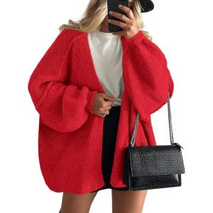 imagePRETTYGARDEN Womens Oversized Cardigan Sweaters 2026 Fall Long Lantern Sleeve Knit Open Front Lightweight SweaterRed