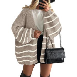 imagePRETTYGARDEN Womens Oversized Cardigan Sweaters 2026 Fall Long Lantern Sleeve Knit Open Front Lightweight SweaterStriped Khaki