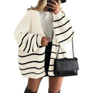 imagePRETTYGARDEN Womens Oversized Cardigan Sweaters 2026 Fall Long Lantern Sleeve Knit Open Front Lightweight SweaterStriped White Black