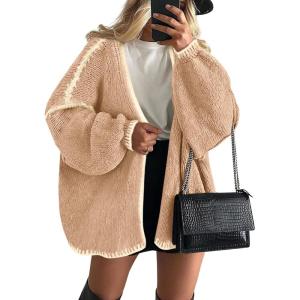 imagePRETTYGARDEN Womens Oversized Cardigan Sweaters 2026 Fall Long Lantern Sleeve Knit Open Front Lightweight SweaterStyle2apricot