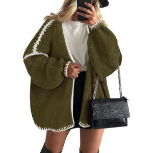 imagePRETTYGARDEN Womens Oversized Cardigan Sweaters 2026 Fall Long Lantern Sleeve Knit Open Front Lightweight SweaterStyle2army Green