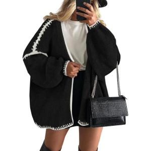 imagePRETTYGARDEN Womens Oversized Cardigan Sweaters 2026 Fall Long Lantern Sleeve Knit Open Front Lightweight SweaterStyle2black