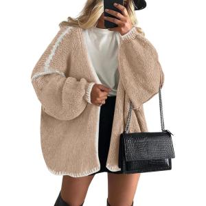 imagePRETTYGARDEN Womens Oversized Cardigan Sweaters 2026 Fall Long Lantern Sleeve Knit Open Front Lightweight SweaterStyle2camel