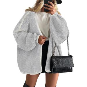 imagePRETTYGARDEN Womens Oversized Cardigan Sweaters 2026 Fall Long Lantern Sleeve Knit Open Front Lightweight SweaterStyle2grey