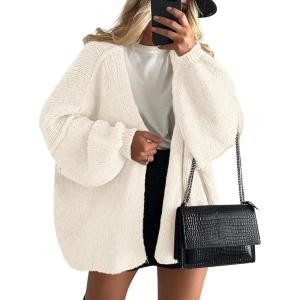 imagePRETTYGARDEN Womens Oversized Cardigan Sweaters 2026 Fall Long Lantern Sleeve Knit Open Front Lightweight SweaterWhite