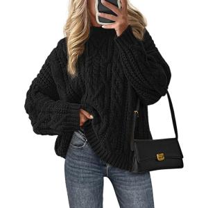 imagePRETTYGARDEN Womens Oversized Fall Sweaters 2026 Casual Long Sleeve Crewneck Chunky Cable Knit Pullover Tops Winter ClothesBlack