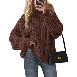imagePRETTYGARDEN Womens Oversized Fall Sweaters 2026 Casual Long Sleeve Crewneck Chunky Cable Knit Pullover Tops Winter ClothesCoffee