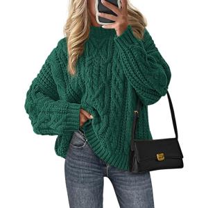 imagePRETTYGARDEN Womens Oversized Fall Sweaters 2026 Casual Long Sleeve Crewneck Chunky Cable Knit Pullover Tops Winter ClothesGreen