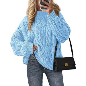 imagePRETTYGARDEN Womens Oversized Fall Sweaters 2026 Casual Long Sleeve Crewneck Chunky Cable Knit Pullover Tops Winter ClothesLight Blue