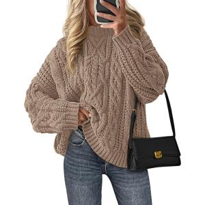 imagePRETTYGARDEN Womens Oversized Fall Sweaters 2026 Casual Long Sleeve Crewneck Chunky Cable Knit Pullover Tops Winter ClothesLight Khaki
