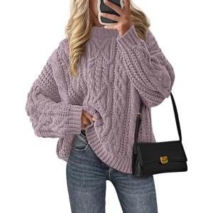 imagePRETTYGARDEN Womens Oversized Fall Sweaters 2026 Casual Long Sleeve Crewneck Chunky Cable Knit Pullover Tops Winter ClothesLight Purple