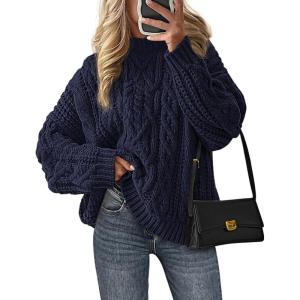 imagePRETTYGARDEN Womens Oversized Fall Sweaters 2026 Casual Long Sleeve Crewneck Chunky Cable Knit Pullover Tops Winter ClothesNavy Blue