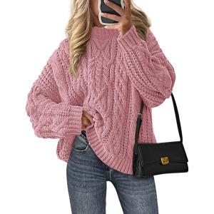 imagePRETTYGARDEN Womens Oversized Fall Sweaters 2026 Casual Long Sleeve Crewneck Chunky Cable Knit Pullover Tops Winter ClothesPink