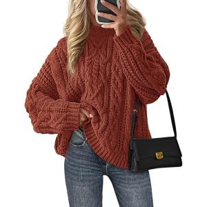 imagePRETTYGARDEN Womens Oversized Fall Sweaters 2026 Casual Long Sleeve Crewneck Chunky Cable Knit Pullover Tops Winter ClothesRust