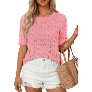 imagePRETTYGARDEN Womens Short Sleeve Sweater Trendy Crochet Summer Tops 2026 Casual Hollow Out Shirts Beach Vacation ClothesPink