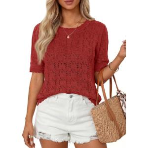 imagePRETTYGARDEN Womens Short Sleeve Sweater Trendy Crochet Summer Tops 2026 Casual Hollow Out Shirts Beach Vacation ClothesRed