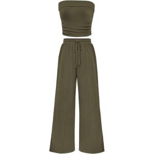 imagePRETTYGARDEN Womens Summer Outfits 2 Piece Sets Casual Ribbed Knit Crop Tube Top Wide Leg Pants Spring Matching Lounge SetArmy Green