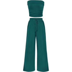 imagePRETTYGARDEN Womens Summer Outfits 2 Piece Sets Casual Ribbed Knit Crop Tube Top Wide Leg Pants Spring Matching Lounge SetBlue Green