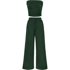 imagePRETTYGARDEN Womens Summer Outfits 2 Piece Sets Casual Ribbed Knit Crop Tube Top Wide Leg Pants Spring Matching Lounge SetDark Green