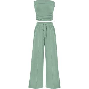 imagePRETTYGARDEN Womens Summer Outfits 2 Piece Sets Casual Ribbed Knit Crop Tube Top Wide Leg Pants Spring Matching Lounge SetFruit Green