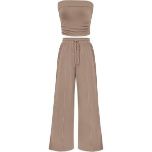 imagePRETTYGARDEN Womens Summer Outfits 2 Piece Sets Casual Ribbed Knit Crop Tube Top Wide Leg Pants Spring Matching Lounge SetKhaki