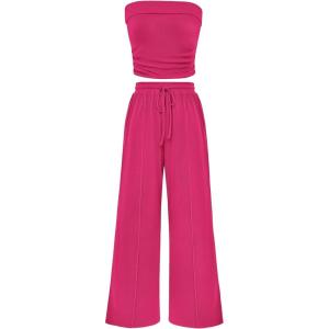 imagePRETTYGARDEN Womens Summer Outfits 2 Piece Sets Casual Ribbed Knit Crop Tube Top Wide Leg Pants Spring Matching Lounge SetRose Red