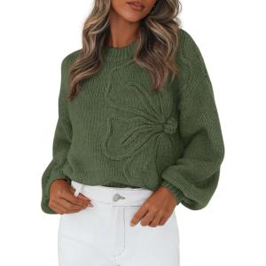 imagePRETTYGARDEN Womens Sweaters 2026 Fall Fashion Long Sleeve Crewneck Floral Knit Pullover Sweater Tops Winter ClothesArmy Green