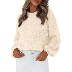 imagePRETTYGARDEN Womens Sweaters 2026 Fall Fashion Long Sleeve Crewneck Floral Knit Pullover Sweater Tops Winter ClothesBeige