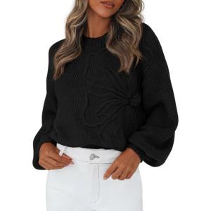 imagePRETTYGARDEN Womens Sweaters 2026 Fall Fashion Long Sleeve Crewneck Floral Knit Pullover Sweater Tops Winter ClothesBlack